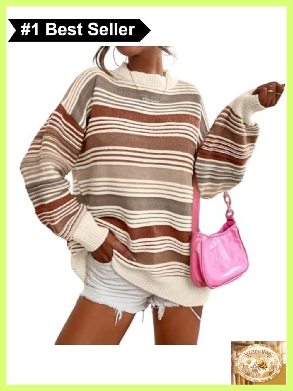 Oversized Contrast Striped Pullover Sweater Crew Neck Long Sleeve Knit Jumper